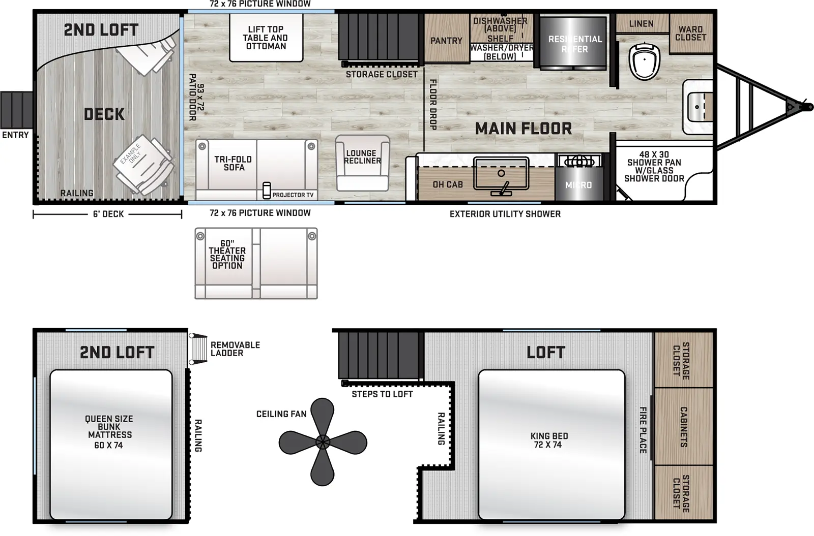The 18RDL has zero slideouts and one entry. Exterior features a 6 foot deck. Interior layout front to back: Full bathroom with linen closet, wardrobe closet, and shower with glass shower door; off-door side residential refrigerator, dishwasher above shelf and washer/dryer, and pantry; door side microwave, cooktop, kitchen counter with sink, and overhead cabinet; off-door side storage closet and steps up to a rear loft area with king bed, cabinets, closets, and fireplace; door side lounge recliner, tri-fold sofa, opposing picture windows, projector TV, ceiling fan, and off-door side lift top table and ottoman; rear patio door that leads to deck with loft above with removeable ladder and queen bunk mattress.